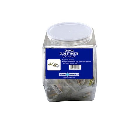 Jones Stephens inBucket Of Boltsin Display, 1/4inX3-1/2in Brass Plated Bolts with Nuts and Oval Washers, 50 Pairs CB2002